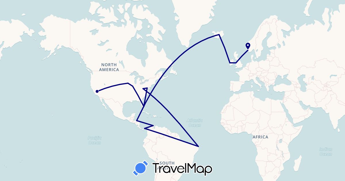 TravelMap itinerary: driving in Brazil, Colombia, United Kingdom, Honduras, Ireland, Iceland, Norway, Panama, United States (Europe, North America, South America)